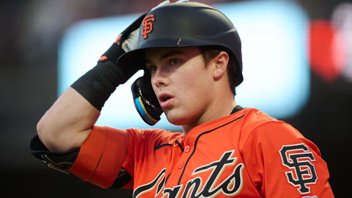 Aug 8, 2025; San Francisco, California, USA; San Francisco Giants right fielder Drew Gilbert (61) waits in the on-deck circle against the Washington Nationals in his MLB debut during the second inning at Oracle Park. Mandatory Credit: Robert Edwards-Imagn Images