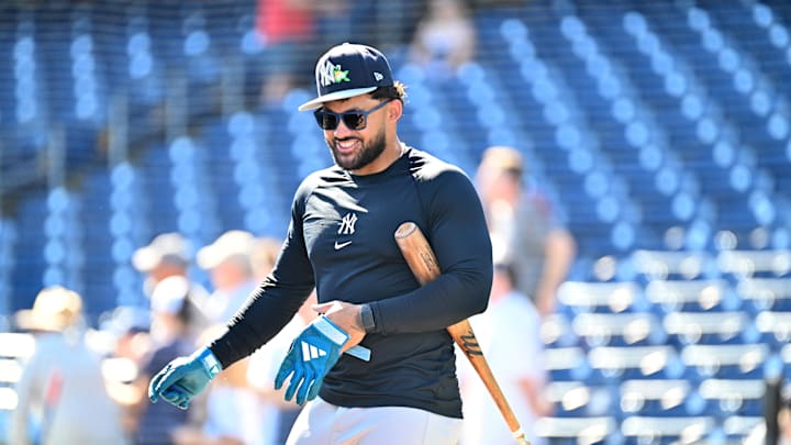Mar 10, 2026; Clearwater, Florida, USA; New York Yankees left fielder Jasson Dominguez (24) prepares to take batting practice before a game against the Philadelphia Phillies during spring training at BayCare Ballpark. Mandatory Credit: Jonathan Dyer-Imagn Images