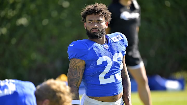 Jul 29, 2024; Los Angeles, CA, USA; Los Angeles Rams running back Kyren Williams (23) looks on during training camp at Loyola Marymount University. Mandatory Credit: Jayne Kamin-Oncea-USA TODAY Sports