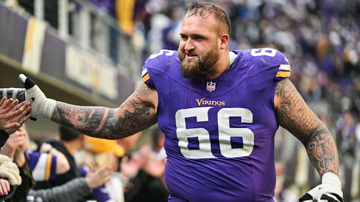 Dec 1, 2024; Minneapolis, Minnesota, USA; Minnesota Vikings guard Dalton Risner (66) reacts with the crowd after the game against the Arizona Cardinals at U.S. Bank Stadium. Mandatory Credit: Jeffrey Becker-Imagn Images