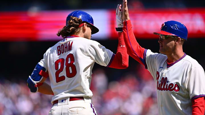 Apr 9, 2023; Philadelphia, Pennsylvania, USA; Philadelphia Phillies infielder Alec Bohm (28) reacts