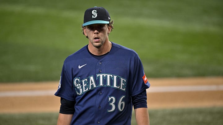 Apr 6, 2026; Arlington, Texas, USA; Seattle Mariners starting pitcher Logan Gilbert (36) comes off the field during the game between the Rangers and the Mariners at Globe Life Field. Mandatory Credit: Jerome Miron-Imagn Images