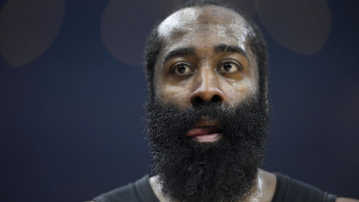 Mar 3, 2026; Cleveland, Ohio, USA; Cleveland Cavaliers guard James Harden (1) stands on the court in the third quarter against the Detroit Pistons at Rocket Arena. Mandatory Credit: David Richard-Imagn Images