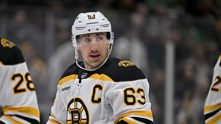 Nov 14, 2024; Dallas, Texas, USA; Boston Bruins left wing Brad Marchand (63) in action during the game between the Dallas Stars and the Boston Bruins at the American Airlines Center. Mandatory Credit: Jerome Miron-Imagn Images