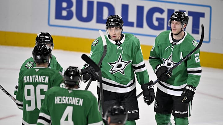 Feb 4, 2026; Dallas, Texas, USA; Dallas Stars left wing Jason Robertson (21) and center Wyatt Johnston (53) and right wing Mikko Rantanen (96) and defenseman Miro Heiskanen (4) and defenseman Esa Lindell (23) celebrates after Robertson scores a goal against the St. Louis Blues during the first period at the American Airlines Center. Mandatory Credit: Jerome Miron-Imagn Images Feb 4, 2026; Dallas, Texas, USA; Dallas Stars left wing Jason Robertson (21) and center Wyatt Johnston (53) and right wing Mikko Rantanen (96) and defenseman Miro Heiskanen (4) and defenseman Esa Lindell (23) celebrates after Robertson scores a goal against the St. Louis Blues during the first period at the American Airlines Center. Mandatory Credit: Jerome Miron-Imagn Images