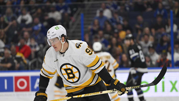 Apr 4, 2026; Tampa, Florida, USA; Boston Bruins defenseman Nikita Zadorov (91) skates during the second period against Tampa Bay Lightning at Benchmark International Arena. Mandatory Credit: Pablo Robles-Imagn Images