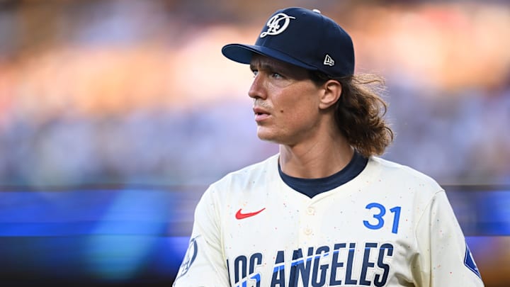Jun 22, 2024; Los Angeles, California, USA; Los Angeles Dodgers pitcher Tyler Glasnow (31) walks to the dugout during the first inning against the Los Angeles Angels at Dodger Stadium. Mandatory Credit: Jonathan Hui-Imagn Images