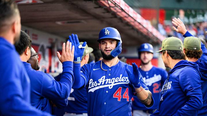May 15, 2026; Anaheim, California, USA; Los Angeles Dodgers center fielder Andy Pages (44) is greeted by teammates after hitting a home run during the fourth inning against the Los Angeles Angels at Angel Stadium. Mandatory Credit: William Liang-Imagn Images