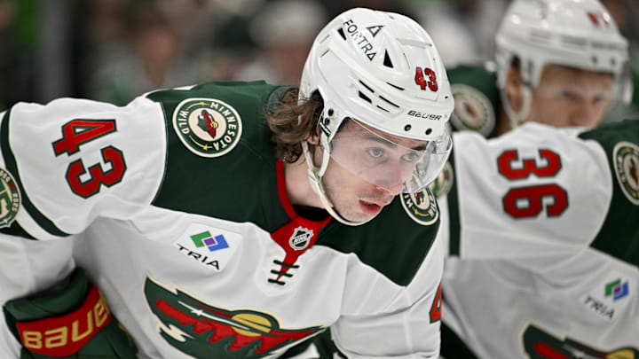 Apr 9, 2026; Dallas, Texas, USA; Minnesota Wild defenseman Quinn Hughes (43) looks on during the game between the Stars and the Wild at American Airlines Center. Mandatory Credit: Jerome Miron-Imagn Images