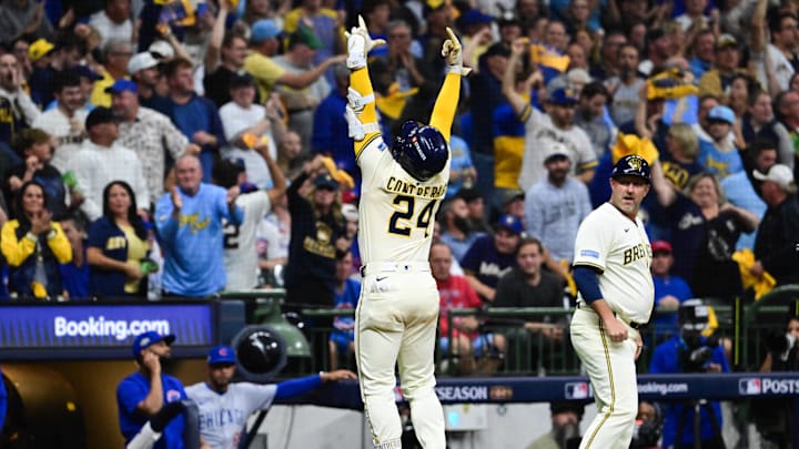 Oct 6, 2025; Milwaukee, Wisconsin, USA; Milwaukee Brewers catcher William Contreras (24) celebrates after hitting a solo home run during the third inning against the Chicago Cubs during game two of the NLDS round for the 2025 MLB playoffs at American Family Field. Mandatory Credit: Benny Sieu-Imagn Images