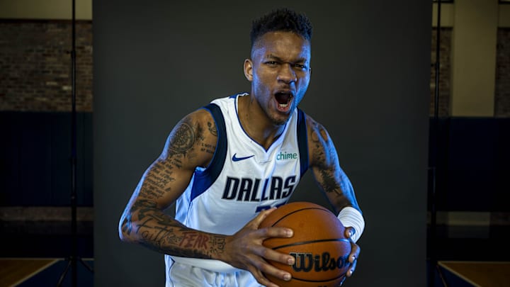 Sep 29, 2023; Dallas, TX, USA; Dallas Mavericks guard Dexter Dennis (38) poses for a photo during
