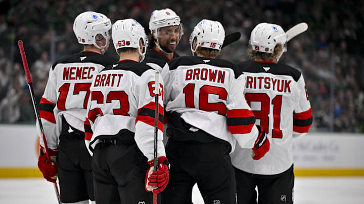 Mar 24, 2026; Dallas, Texas, USA; New Jersey Devils defenseman Simon Nemec (17), left wing Jesper Bratt (63), right wing Connor Brown (16), right wing Arseny Gritsyuk (81) and defenseman Brenden Dillon (5) celebrate a goal scored by Brown against the Dallas Stars during the first period at the American Airlines Center. Mandatory Credit: Jerome Miron-Imagn Images Mar 24, 2026; Dallas, Texas, USA; New Jersey Devils defenseman Simon Nemec (17), left wing Jesper Bratt (63), right wing Connor Brown (16), right wing Arseny Gritsyuk (81) and defenseman Brenden Dillon (5) celebrate a goal scored by Brown against the Dallas Stars during the first period at the American Airlines Center. Mandatory Credit: Jerome Miron-Imagn Images