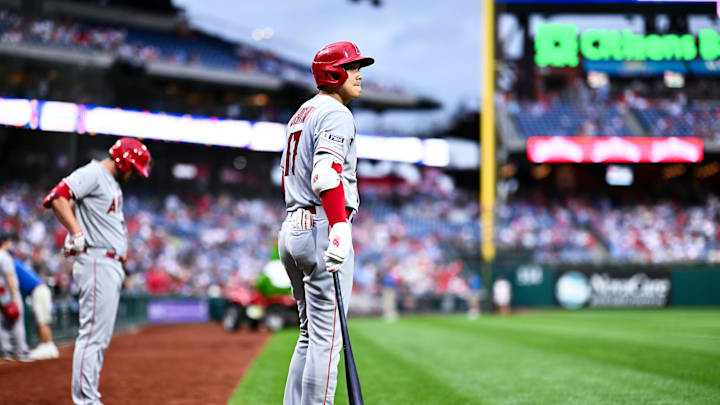 Aug 29, 2023; Philadelphia, Pennsylvania, USA; Los Angeles Angels designated hitter Shohei Ohtani