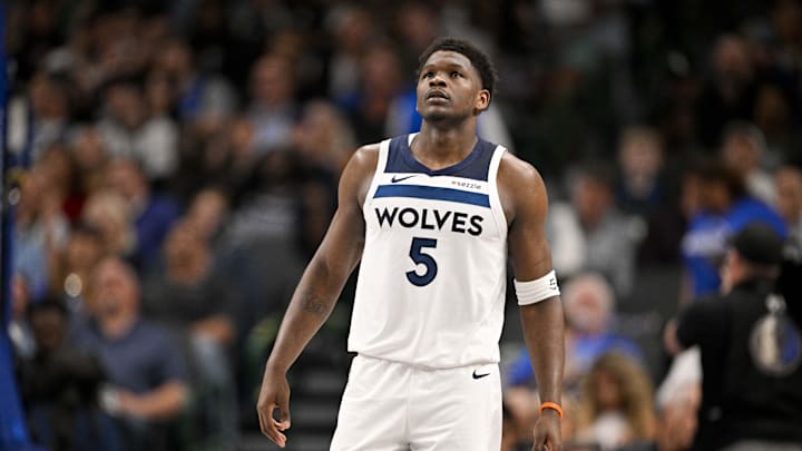 Mar 30, 2026; Dallas, Texas, USA; Minnesota Timberwolves guard Anthony Edwards (5) comes back on the court during the second quarter against the Dallas Mavericks at the American Airlines Center. Mandatory Credit: Jerome Miron-Imagn Images