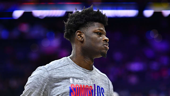 Mar 8, 2024; Philadelphia, Pennsylvania, USA; Philadelphia 76ers center Mo Bamba (5) warms up before the game against the New Orleans Pelicans at Wells Fargo Center. Mandatory Credit: Kyle Ross-Imagn Images