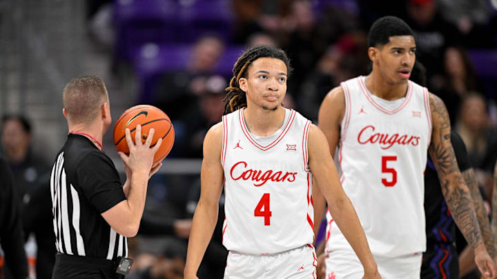 Jan 28, 2026; Fort Worth, Texas, USA; Houston Cougars guard Kingston Flemings (4) and forward Chris Cenac Jr. (5) walk back up the court during the first half against the TCU Horned Frogs at Ed and Rae Schollmaier Arena. Mandatory Credit: Jerome Miron-Imagn Images