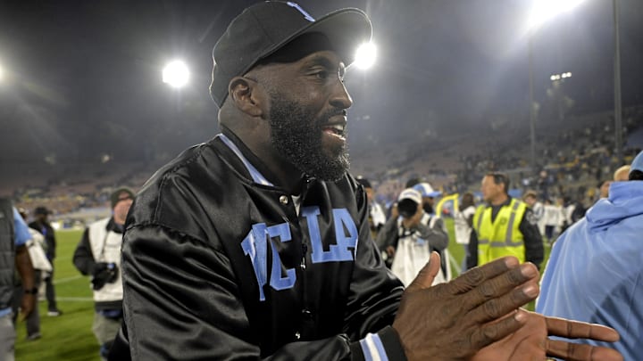 Nov 8, 2024; Pasadena, California, USA; UCLA Bruins head coach DeShaun Foster claps as he leaves the field after defeating the Iowa Hawkeyes at the Rose Bowl. Mandatory Credit: Jayne Kamin-Oncea-Imagn Images Nov 8, 2024; Pasadena, California, USA; UCLA Bruins head coach DeShaun Foster claps as he leaves the field after defeating the Iowa Hawkeyes at the Rose Bowl. Mandatory Credit: Jayne Kamin-Oncea-Imagn Images