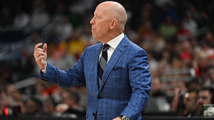 Mar 14, 2025; Indianapolis, IN, USA; UCLA Bruins head coach Mick Cronin during the first half against the Wisconsin Badgers at Gainbridge Fieldhouse. Mandatory Credit: Robert Goddin-Imagn Images