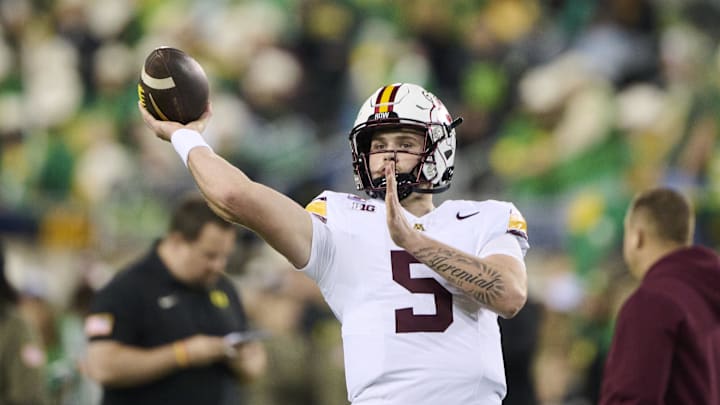 Nov 14, 2025; Eugene, Oregon, USA; Minnesota Golden Gophers quarterback Drake Lindsey (5) warms up before a game against the Oregon Ducks at Autzen Stadium. Mandatory Credit: Troy Wayrynen-Imagn Images