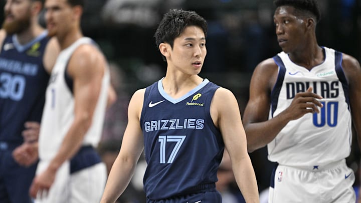 Memphis Grizzlies guard Yuki Kawamura (17) looks on during the second half against the Dallas Mavericks at the American Airlines Center. Mandatory Credit: Jerome Miron-Imagn Images