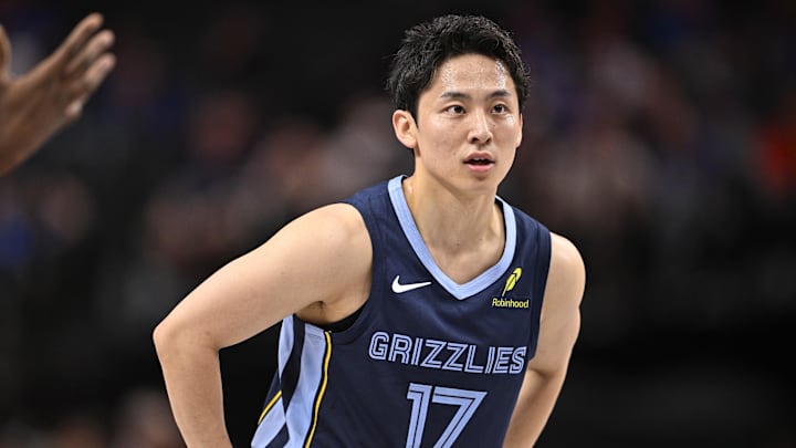 Memphis Grizzlies guard Yuki Kawamura (17) looks on during the second half against the Dallas Mavericks at the American Airlines Center. Mandatory Credit: Jerome Miron-Imagn Images