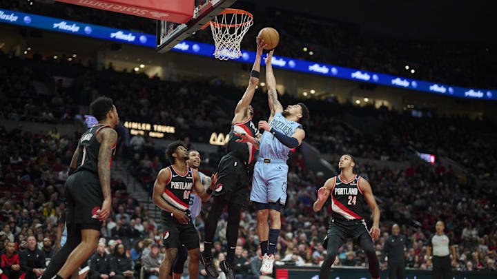 Mar 19, 2025; Portland, Oregon, USA; Memphis Grizzlies guard Scotty Pippen Jr. (1) puts up a shot during the first half against Portland Trail Blazers forward Toumani Camara (33) at Moda Center. Mandatory Credit: Troy Wayrynen-Imagn Images Mar 19, 2025; Portland, Oregon, USA; Memphis Grizzlies guard Scotty Pippen Jr. (1) puts up a shot during the first half against Portland Trail Blazers forward Toumani Camara (33) at Moda Center. Mandatory Credit: Troy Wayrynen-Imagn Images
