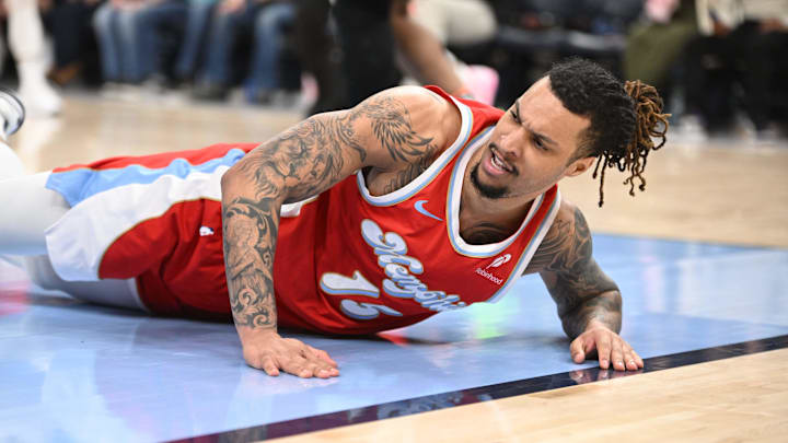 Mar 14, 2025; Memphis, Tennessee, USA; Memphis Grizzlies power forward Brandon Clarke (15) confused after foul call in the 2nd quarter of the Cleveland Cavaliers vs. Memphis Grizzlies game at FedExForum. Mandatory Credit: Matthew Smith-Imagn Images