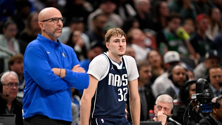Jan 1, 2026; Dallas, Texas, USA; Dallas Mavericks head coach Jason Kidd and forward Cooper Flagg (32) look on during the second half against the Philadelphia 76ers at the American Airlines Center. Mandatory Credit: Jerome Miron-Imagn Images Jan 1, 2026; Dallas, Texas, USA; Dallas Mavericks head coach Jason Kidd and forward Cooper Flagg (32) look on during the second half against the Philadelphia 76ers at the American Airlines Center. Mandatory Credit: Jerome Miron-Imagn Images