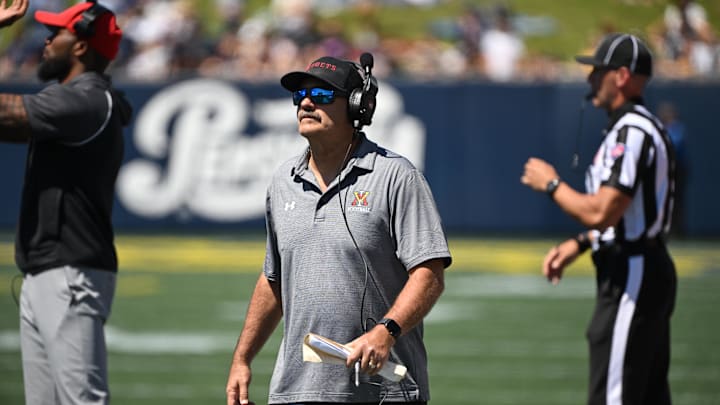 Aug 30, 2025; Annapolis, Md.; VMI head coach Danny Rocco looks up at the scoreboard against Navy during the second quarter. Aug 30, 2025; Annapolis, Md.; VMI head coach Danny Rocco looks up at the scoreboard against Navy during the second quarter.