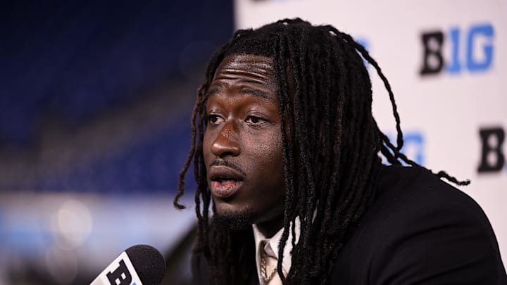 Jul 23, 2024; Indianapolis, IN, USA; Rutgers Scarlet Knights linebacker Mohamed Toure speaks to the media during the Big 10 football media day at Lucas Oil Stadium. Mandatory Credit: Robert Goddin-Imagn Images