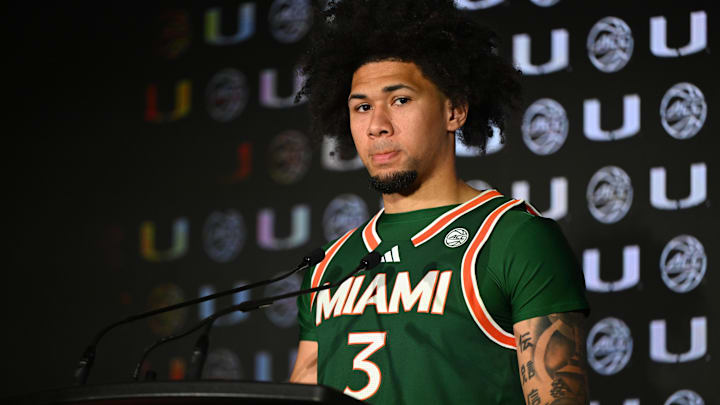 Oct 8, 2025; Charlotte, NC, USA; Miami player Tre Donaldson answers questions from the media at The Hilton Charlotte Uptown. Mandatory Credit: William Howard-Imagn Images
