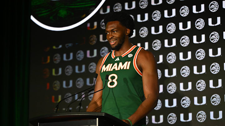 Oct 8, 2025; Charlotte, NC, USA; Miami player Ernest Udeh, Jr. answers questions from the media at The Hilton Charlotte Uptown. Mandatory Credit: William Howard-Imagn Images