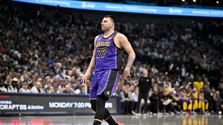 Apr 9, 2025; Dallas, Texas, USA; Los Angeles Lakers guard Luka Doncic (77) in action during the game between the Dallas Mavericks and the Los Angeles Lakers at American Airlines Center. Mandatory Credit: Jerome Miron-Imagn Images Apr 9, 2025; Dallas, Texas, USA; Los Angeles Lakers guard Luka Doncic (77) in action during the game between the Dallas Mavericks and the Los Angeles Lakers at American Airlines Center. Mandatory Credit: Jerome Miron-Imagn Images