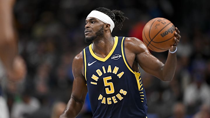Oct 29, 2025; Dallas, Texas, USA; Indiana Pacers forward Jarace Walker (5) brings the ball up court against the Dallas Mavericks during the first quarter at the American Airlines Center. Mandatory Credit: Jerome Miron-Imagn Images