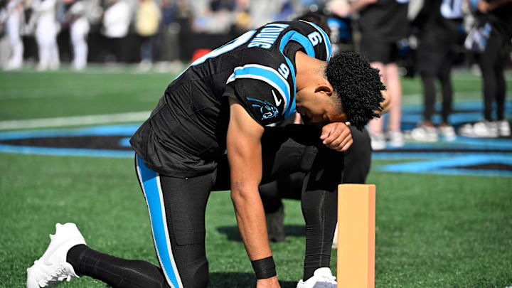 Nov 9, 2025; Charlotte, North Carolina, USA; Carolina Panthers quarterback Bryce Young (9) reflects before the game at Bank of America Stadium. Mandatory Credit: Bob Donnan-Imagn Images