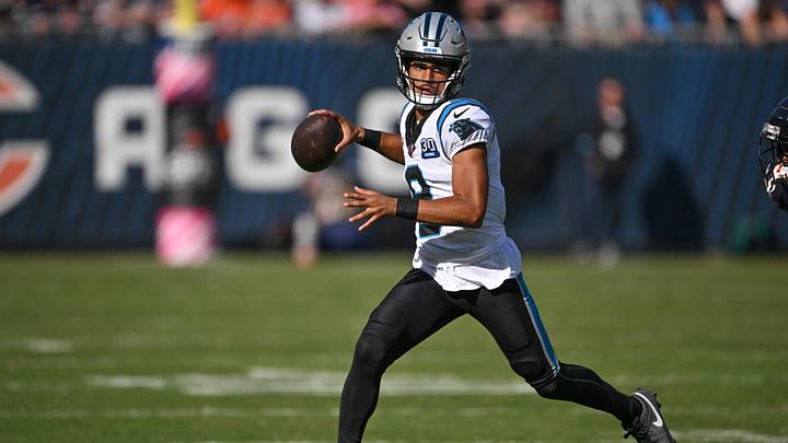 Oct 6, 2024; Chicago, Illinois, USA; Carolina Panthers quarterback Bryce Young (9) looks to throw against the Chicago Bears during the fourth quarter at Soldier Field. Mandatory Credit: Daniel Bartel-Imagn Images Oct 6, 2024; Chicago, Illinois, USA; Carolina Panthers quarterback Bryce Young (9) looks to throw against the Chicago Bears during the fourth quarter at Soldier Field. Mandatory Credit: Daniel Bartel-Imagn Images