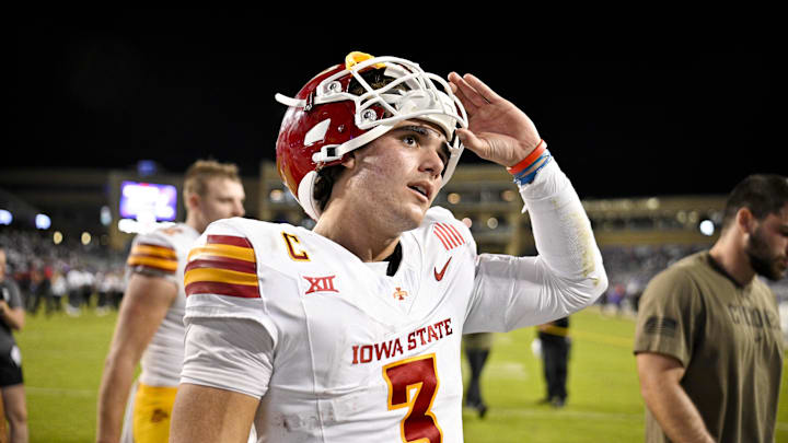 Iowa State Cyclones quarterback Rocco Becht (3) walks off the field after a win over the TCU Horned Frogs at Amon G. Carter Stadium. 