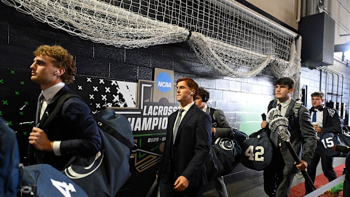 Members of the Penn State Nittany Lions Lions men's lacrosse arrive at Gillette Stadium before the 2025 NCAA Men's Lacrosse Tournament. 