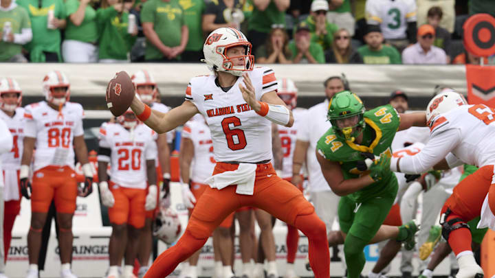 Sep 6, 2025; Eugene, Oregon, USA; Oklahoma State Cowboys quarterback Zane Flores (6) throws a pass during the first half against the Oregon Ducks at Autzen Stadium. Mandatory Credit: Troy Wayrynen-Imagn Images