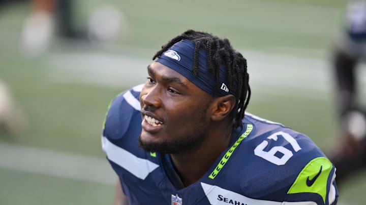Seattle Seahawks offensive tackle Charles Cross during warmups prior to the game at Lumen Field. Seattle Seahawks offensive tackle Charles Cross during warmups prior to the game at Lumen Field.