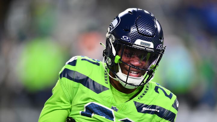 Seattle Seahawks cornerback Devon Witherspoon during warmups before the game against the Green Bay Packers.