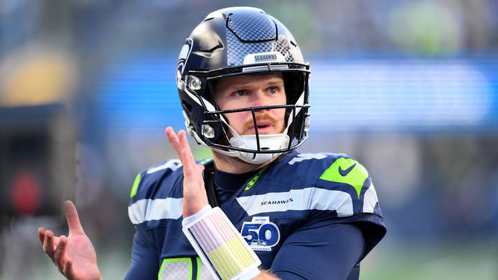 Jan 25, 2026; Seattle, WA, USA; Seattle Seahawks quarterback Sam Darnold (14) looks on before the 2026 NFC Championship Game against the Los Angeles Rams at Lumen Field. Mandatory Credit: Steven Bisig-Imagn Images