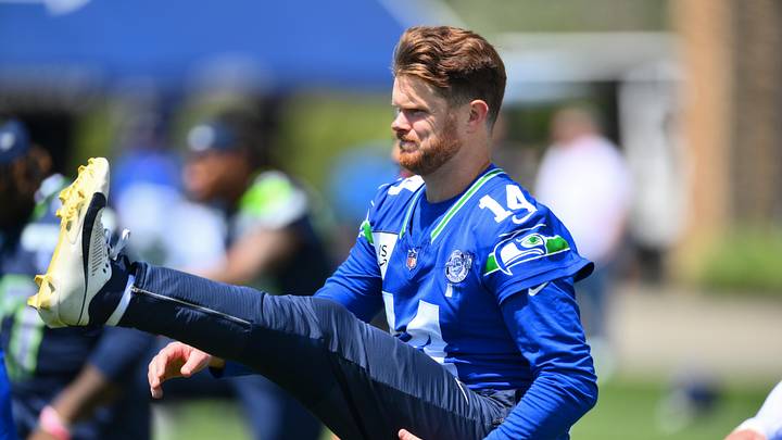 Jun 9, 2026; Renton, WA, USA; Seattle Seahawks quarterback Sam Darnold (14) during minicamp at Virginia Mason Athletic Center. Mandatory Credit: Steven Bisig-Imagn Images