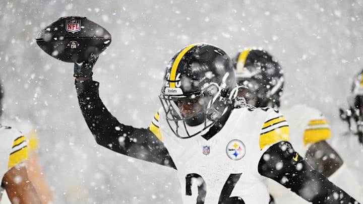 Nov 21, 2024; Cleveland, Ohio, USA; Pittsburgh Steelers cornerback Donte Jackson (26) celebrates after intercepting a pass during the second half against the Cleveland Browns at Huntington Bank Field. Mandatory Credit: Ken Blaze-Imagn Images