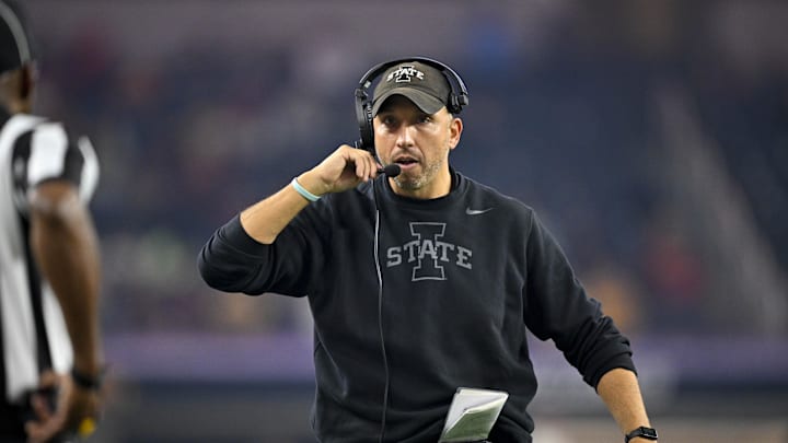 Dec 7, 2024; Arlington, TX, USA; Iowa State Cyclones head coach Matt Campbell during the game between the Iowa State Cyclones and the Arizona State Sun Devils at AT&T Stadium. Mandatory Credit: Jerome Miron-Imagn Images