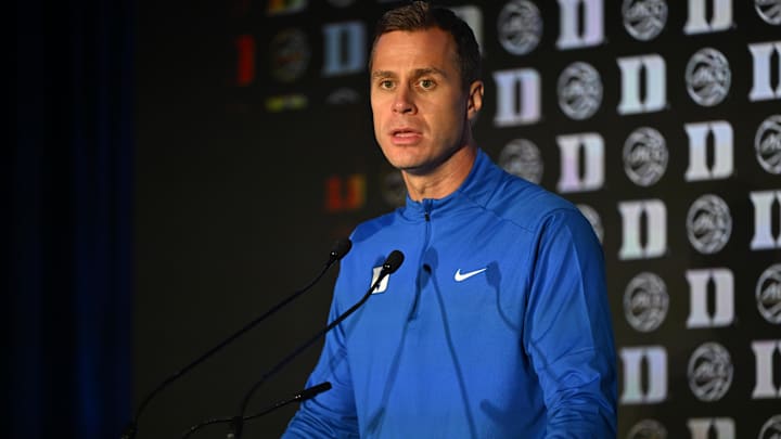 Oct 8, 2025; Charlotte, NC, USA; Duke head coach Jon Scheyer answers questions from the media at The Hilton Charlotte Uptown. Mandatory Credit: William Howard-Imagn Images