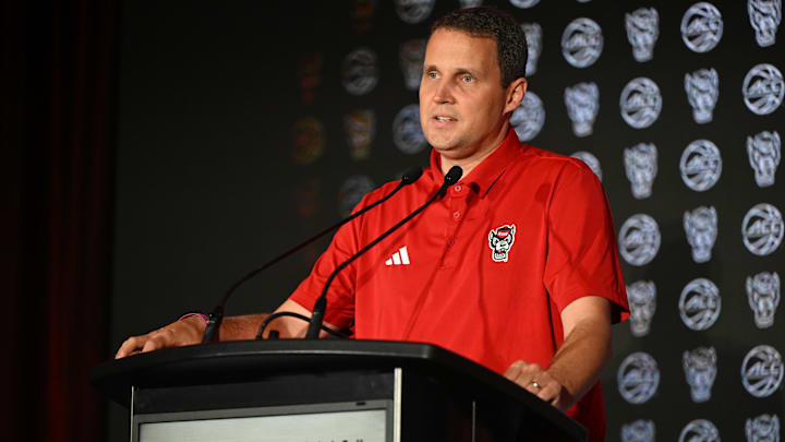 Oct 8, 2025; Charlotte, NC, USA; NC State head coach Will Wade answers questions from the media at The Hilton Charlotte Uptown. Oct 8, 2025; Charlotte, NC, USA; NC State head coach Will Wade answers questions from the media at The Hilton Charlotte Uptown.