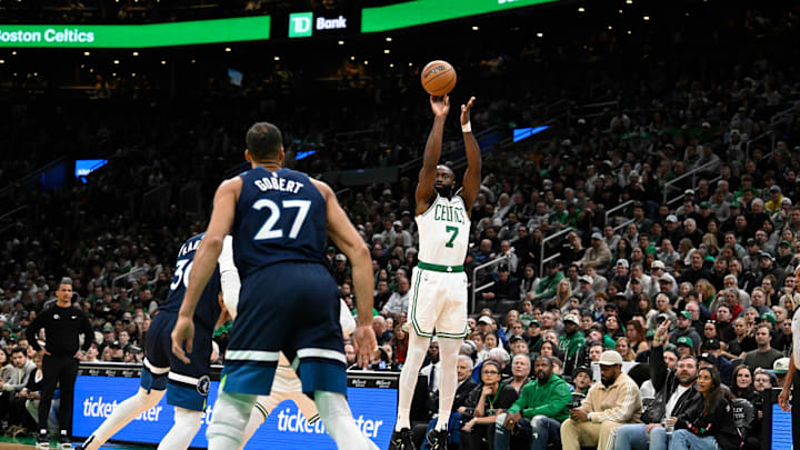 Boston Celtics guard Jaylen Brown shoots the ball against the Minnesota Timberwolves during the first half at TD Garden in Boston on Nov. 24, 2024. Boston Celtics guard Jaylen Brown shoots the ball against the Minnesota Timberwolves during the first half at TD Garden in Boston on Nov. 24, 2024.