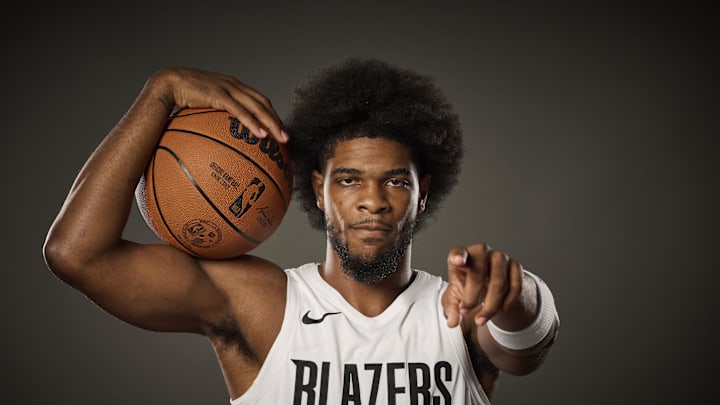 Sep 29, 2025; Portland, OR, USA; Portland Trail Blazers guard Scoot Henderson (00) during media day at the Moda Center. Mandatory Credit: Troy Wayrynen-Imagn Images