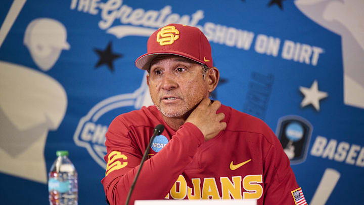 May 31, 2025; Corvallis, OR, USA; USC head coach Andy Stankiewicz takes questions after a game against Saint Mary's at the NCAA Corvallis Regional at Goss Stadium. Mandatory Credit: Troy Wayrynen-Imagn Images May 31, 2025; Corvallis, OR, USA; USC head coach Andy Stankiewicz takes questions after a game against Saint Mary's at the NCAA Corvallis Regional at Goss Stadium. Mandatory Credit: Troy Wayrynen-Imagn Images